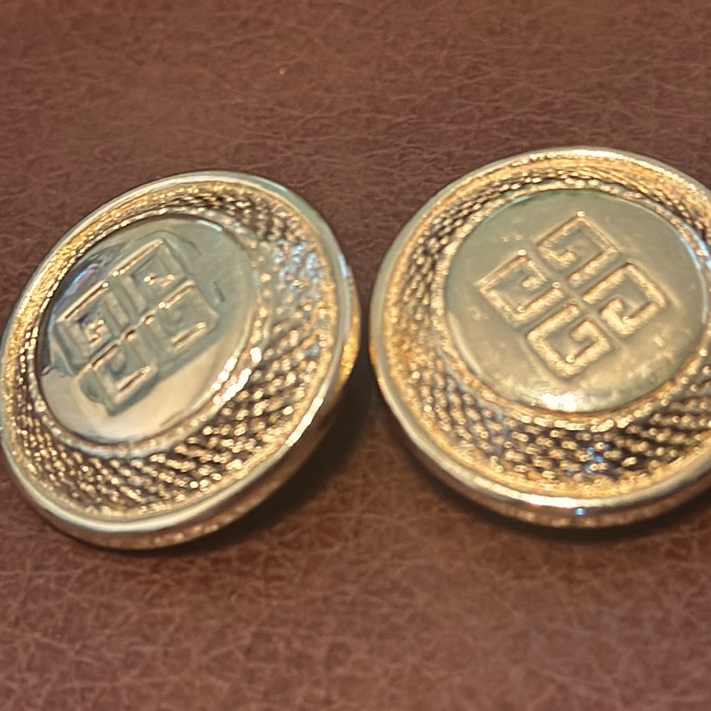 1980s Givenchy Signed Logo Coin Runway Clip On Earrings Gold Keylock Vintage